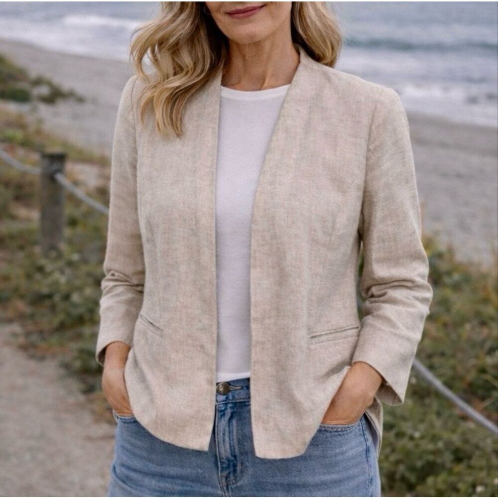 Talbots Open Front Beige Natural Linen Blazer Jacket Women’s 10 Coastal Granny
